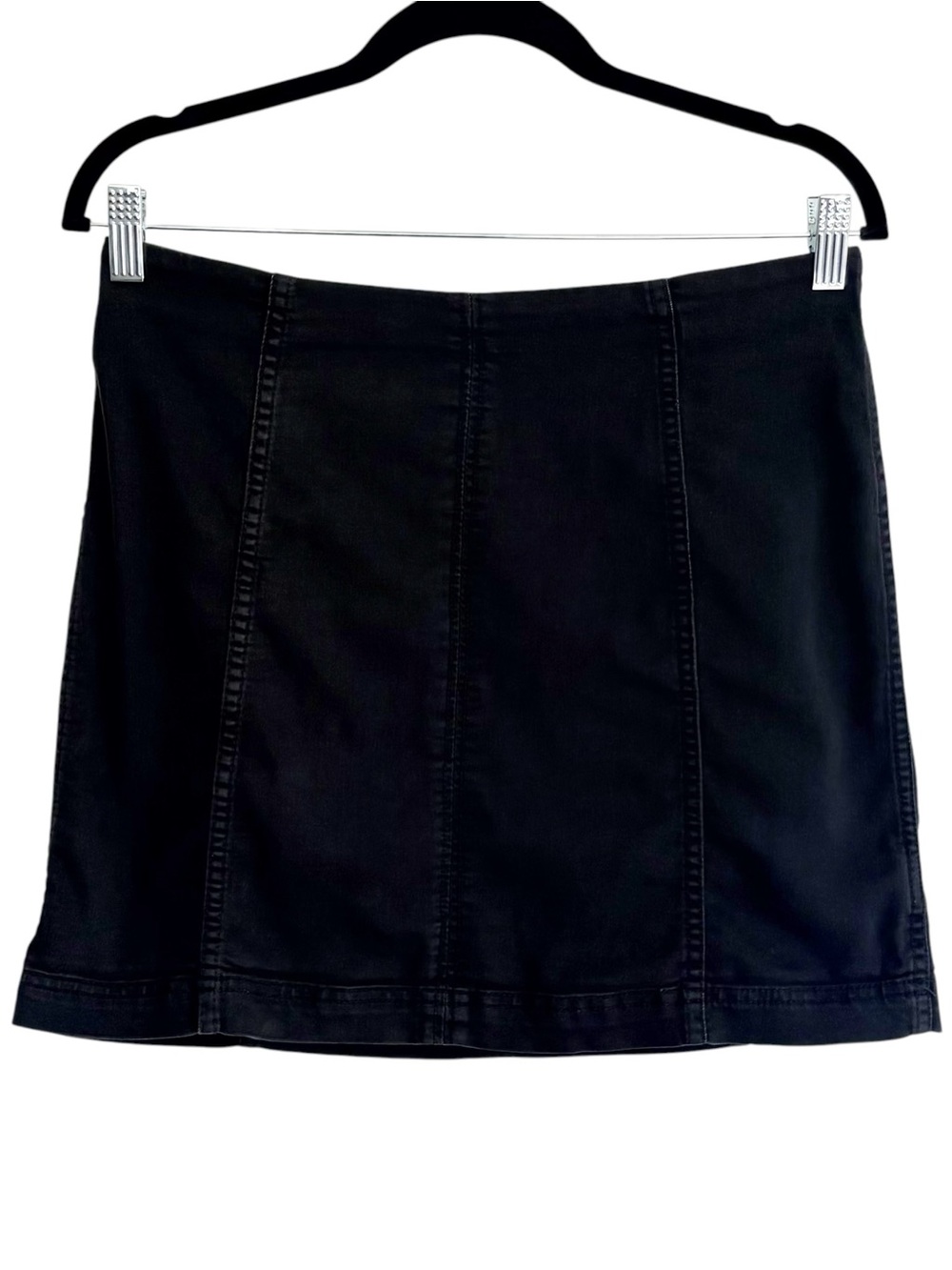 FREE PEOPLE Black Denim Mini Skirt Stretch Back Zip Size 10 Cotton - Picture 1 of 6